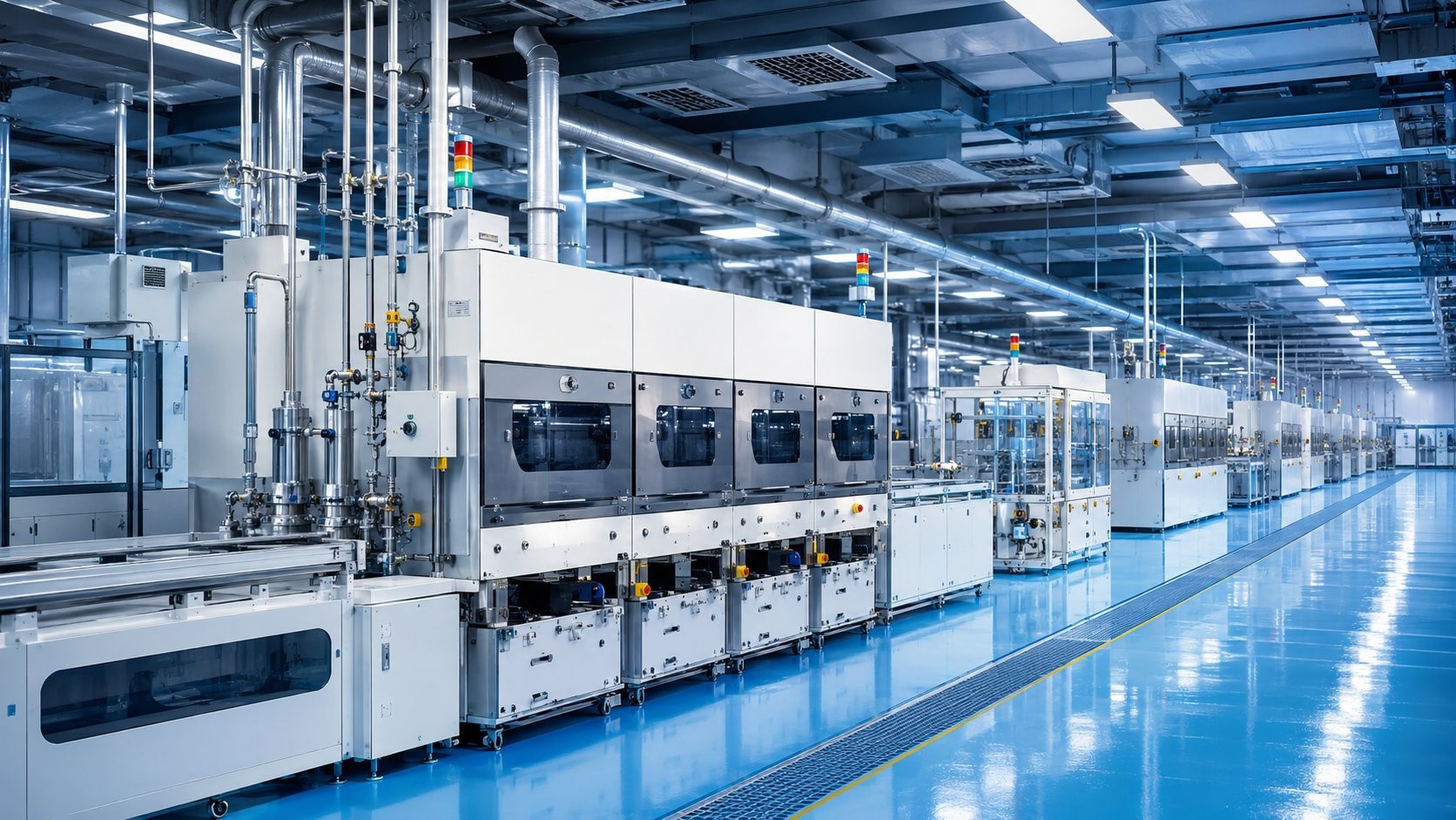 Automated module production line inside a blue-lit cleanroom
